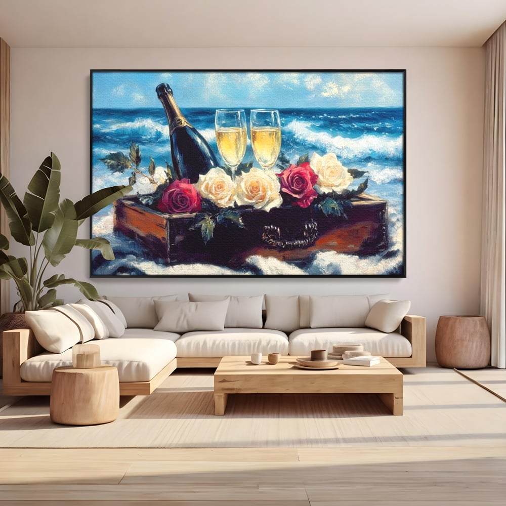 Tablou canvas cu pictura cu sampanie si trandafiri pe malul marii, in rama de aluminiu negru, pe perete intr-un living